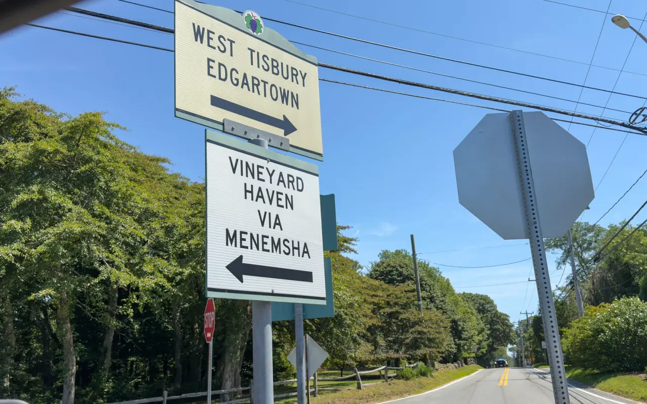 Road signs in Chilmark pointing to West Tisbury, Edgartown and Vineyard Haven via Menemsha