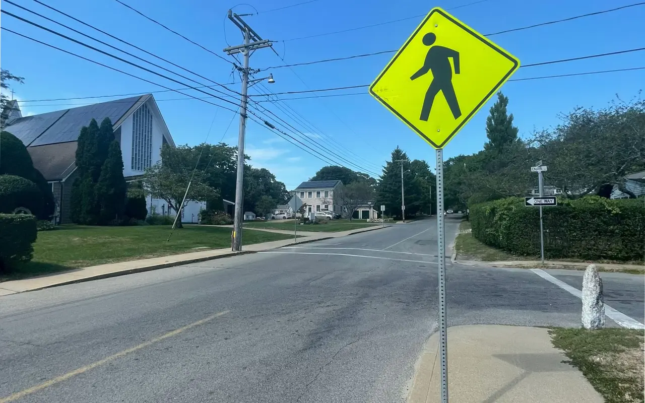 Church Street intersection with a pedestrian crossing sign in Vineyard Haven
