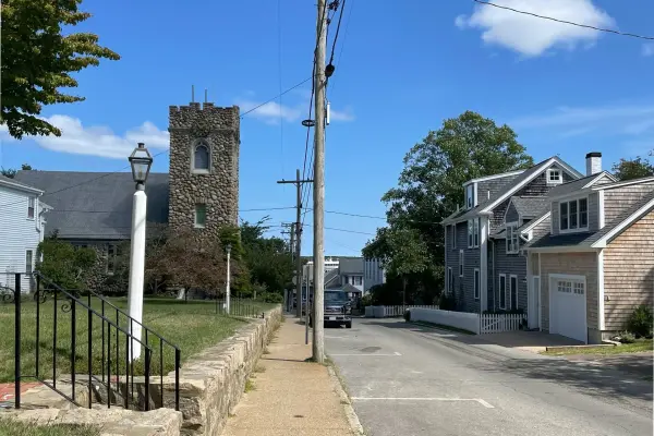 Church Street in Vineyard Haven with historic stone church tower