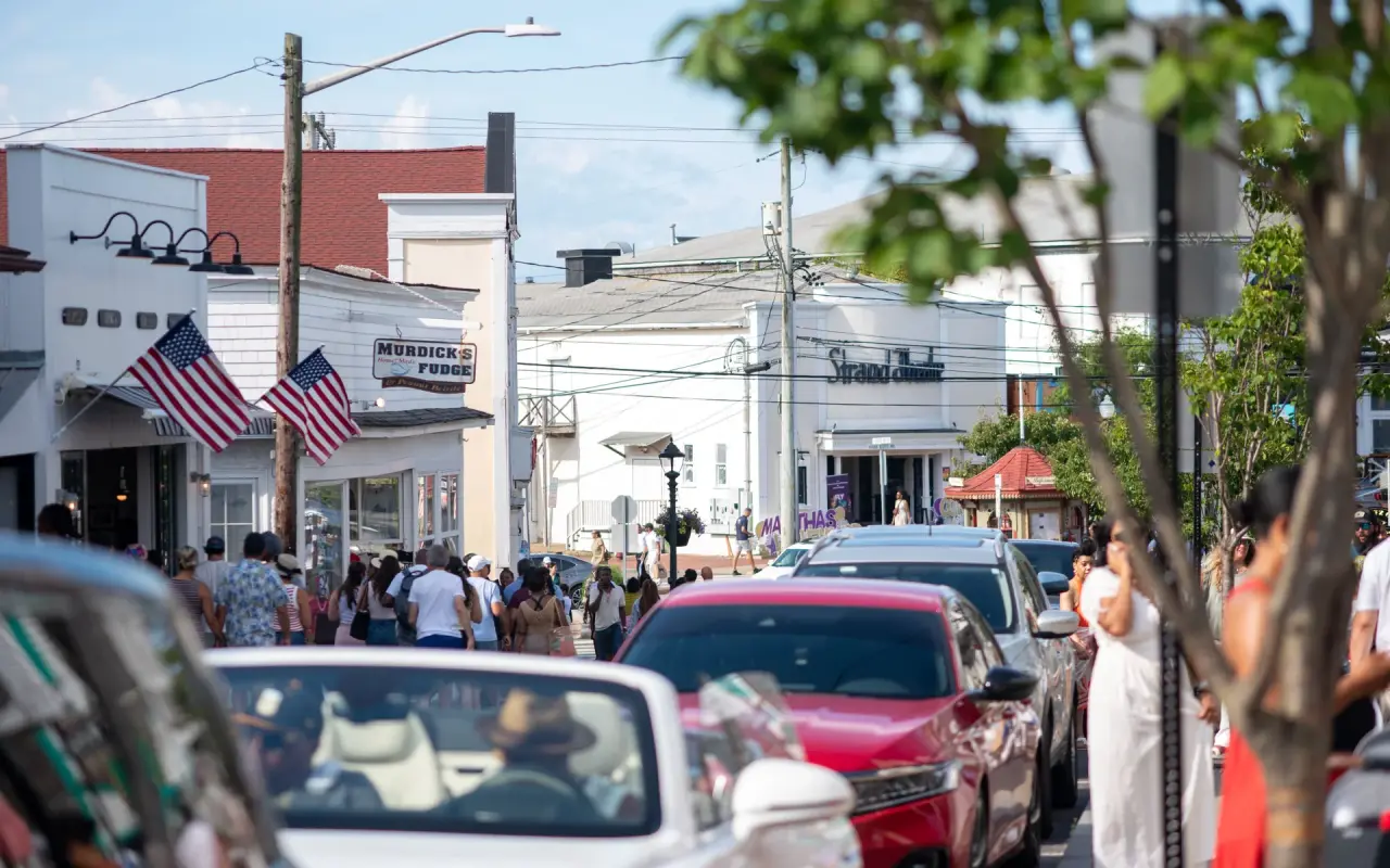 Crowds and cars on Circuit Avenue in Oak Bluffs in August