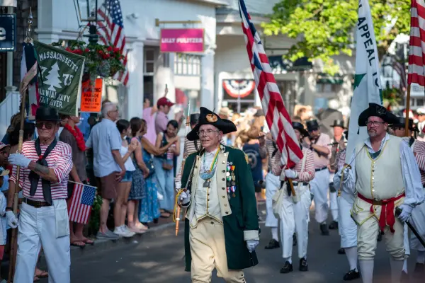 A Colonial Navy of Massachusetts (Fall River) reenactor leading his unit in the Edgartown parade