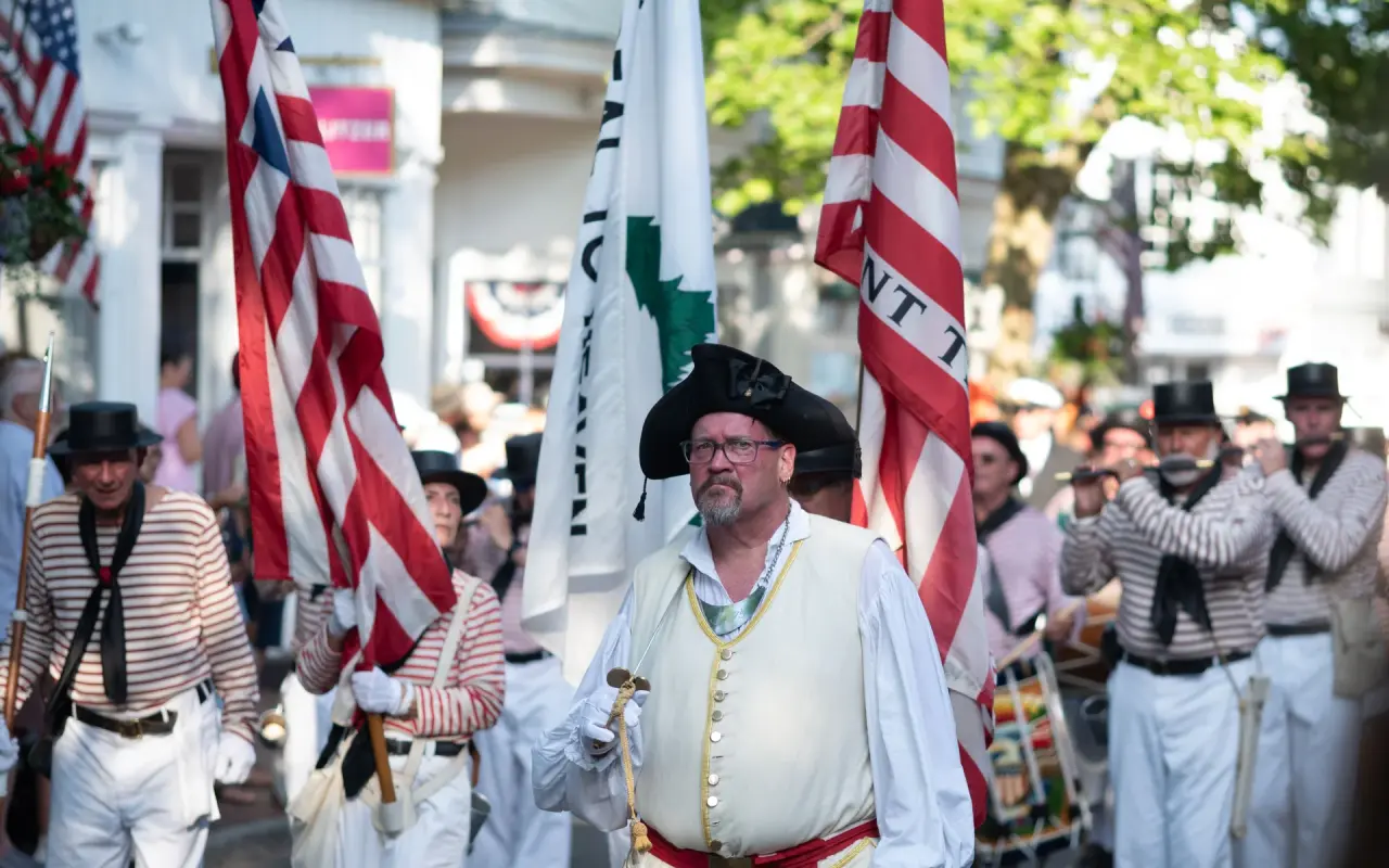 Colonial Navy of Massachusetts fife-and-drum reenactors in the Edgartown Fourth of July parade