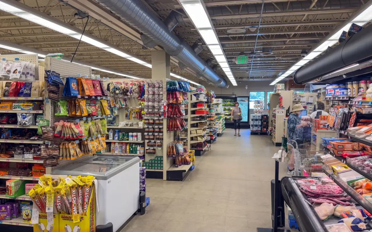 Grocery aisles and a refrigerated meat case inside Cronig’s Up-Island market in West Tisbury