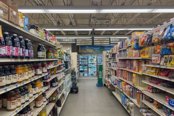 Aisle six at Cronig's Up-Island, cereal and juice under the painted farm mural.