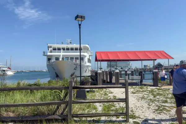 The coastal cruise ship American Star docked in Vineyard Haven Harbor