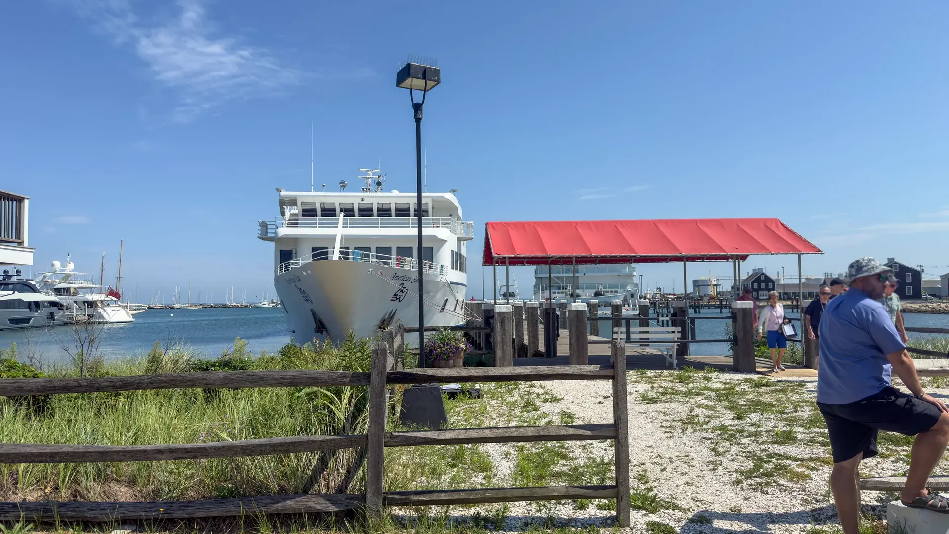 The coastal cruise ship American Star docked in Vineyard Haven Harbor