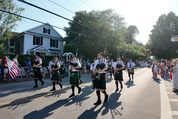 Bagpipers marching in the Fourth of July parade