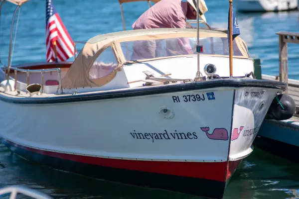 The vineyard vines branded launch tied up in Edgartown Harbor