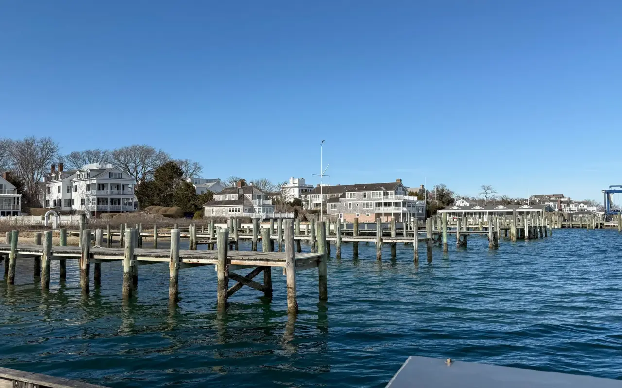 Edgartown Harbor docks lined with boats