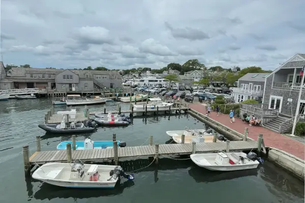 Edgartown Harbor docks on an overcast day