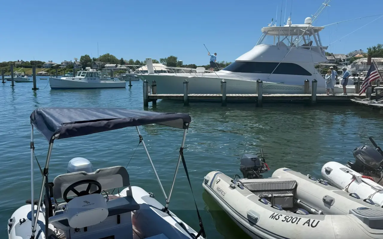 Boats tied up at the Edgartown town dock in June