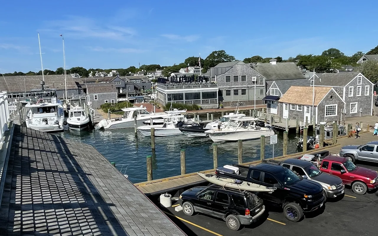 Edgartown Harbor marina seen from above in summer