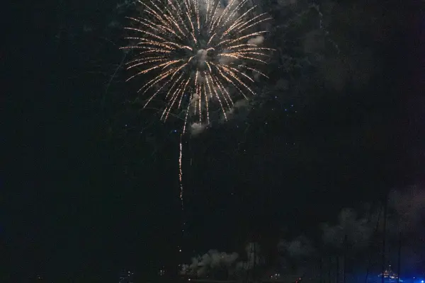 Fourth of July fireworks reflected on the water over Edgartown, Martha's Vineyard