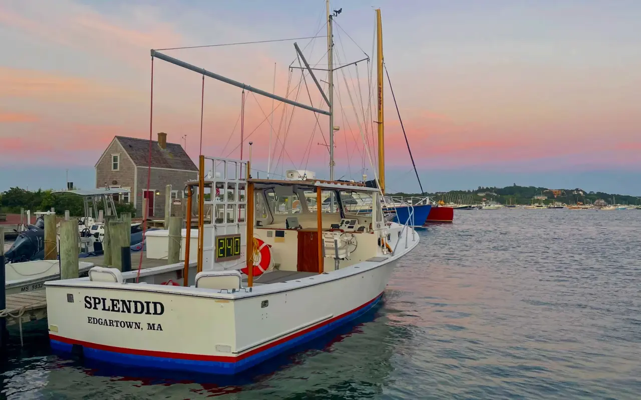 Splendid sunset over Edgartown Harbor with boats on Martha's Vineyard