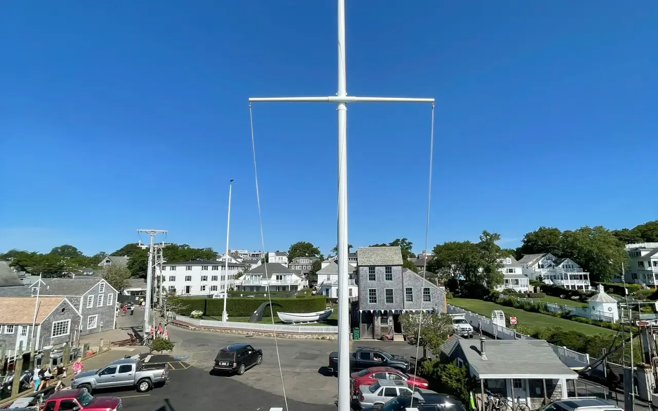 Flagpole on Memorial Wharf in Edgartown looking toward Dock Street