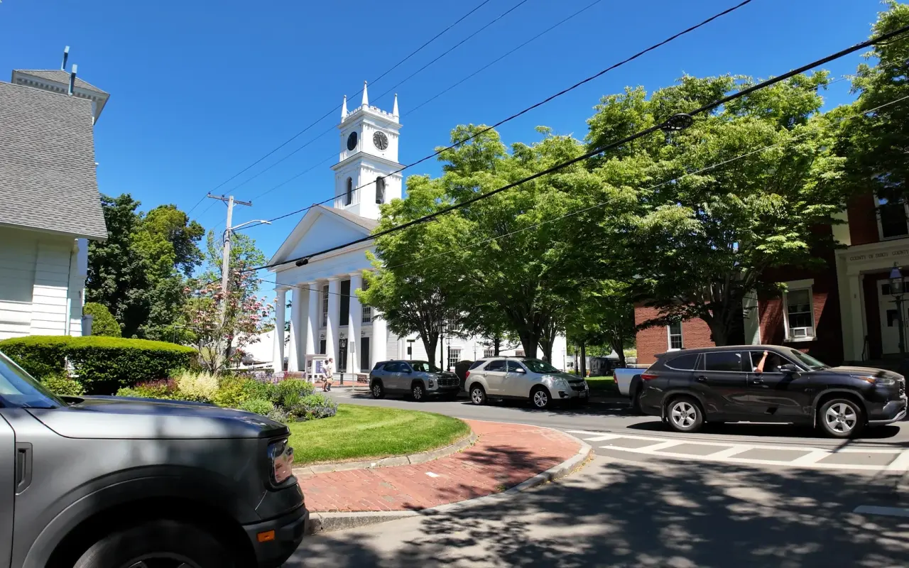 The Old Whaling Church seen from across Main Street in Edgartown in summer