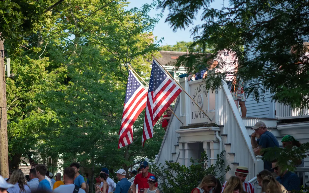 American flags outside Edgartown Town Hall on the Fourth of July