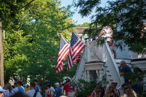 American flags outside Edgartown Town Hall on the Fourth of July