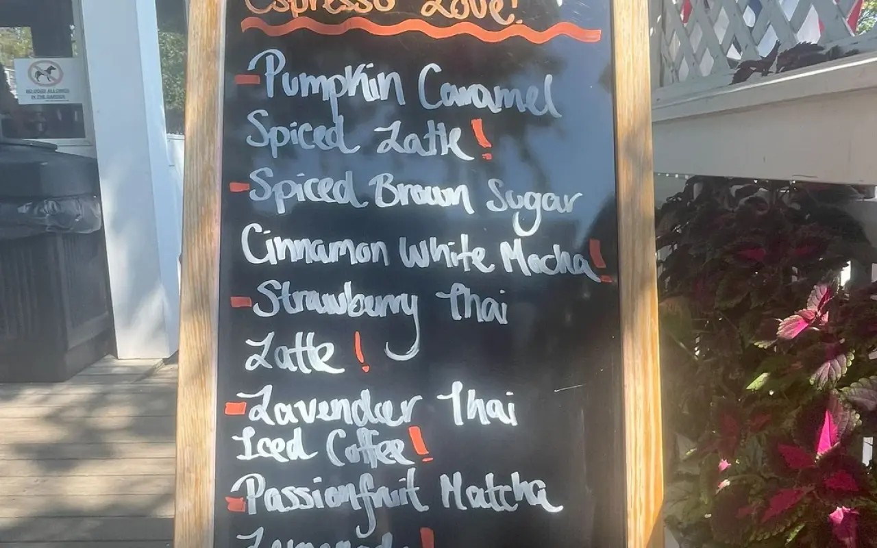 Chalkboard of coffee specials outside Espresso Love in Edgartown