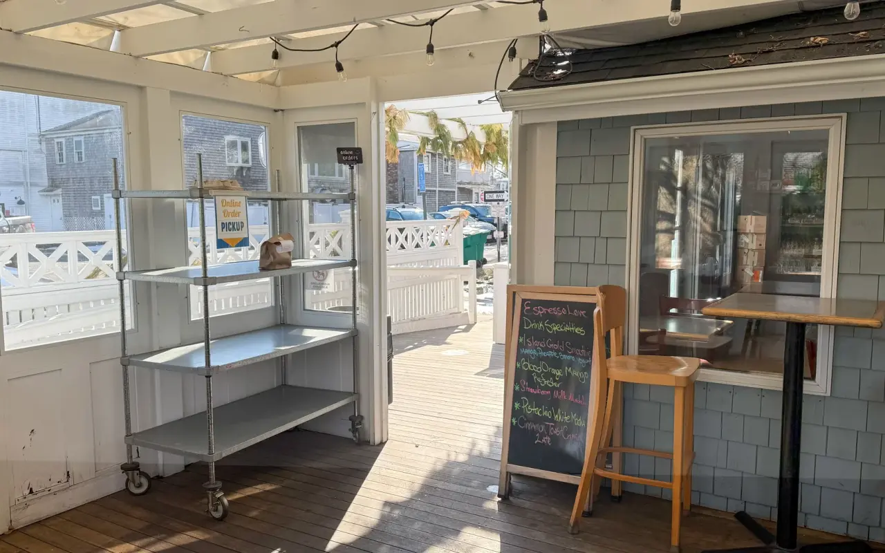 Espresso Love porch with online order pickup shelf in Edgartown in the off-season