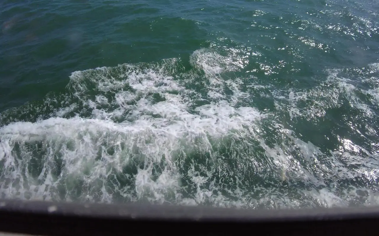 White foam and green water churned up beside a ferry, seen over the dark railing