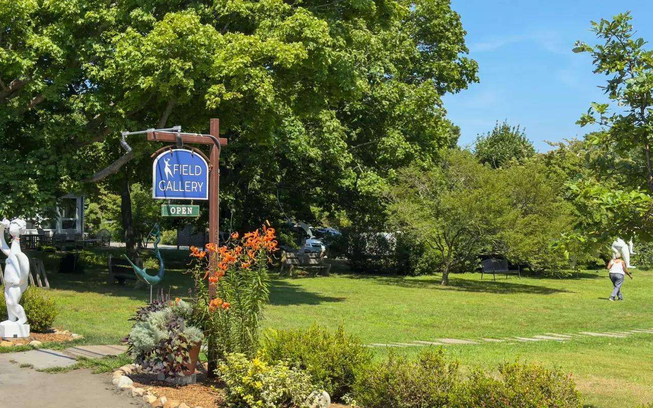 Field Gallery lawn and sign with sculptures in West Tisbury