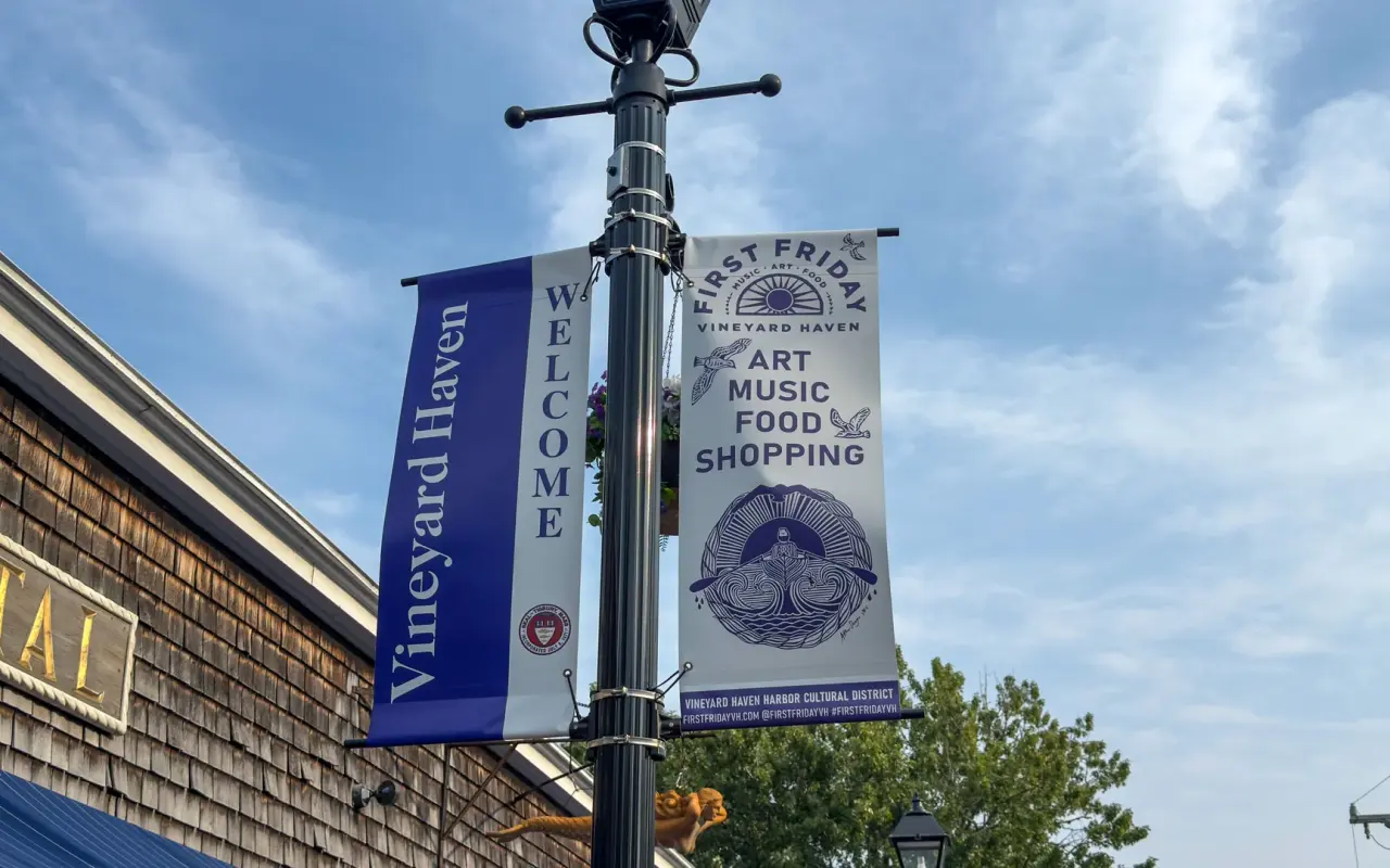 First Friday street scene in downtown Vineyard Haven in summer 2026