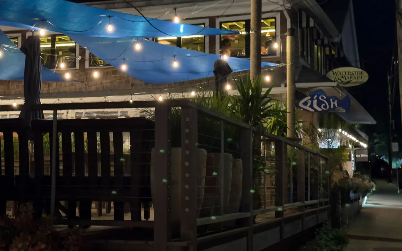 Fish MV restaurant patio lit with string lights at night on Main Street Vineyard Haven