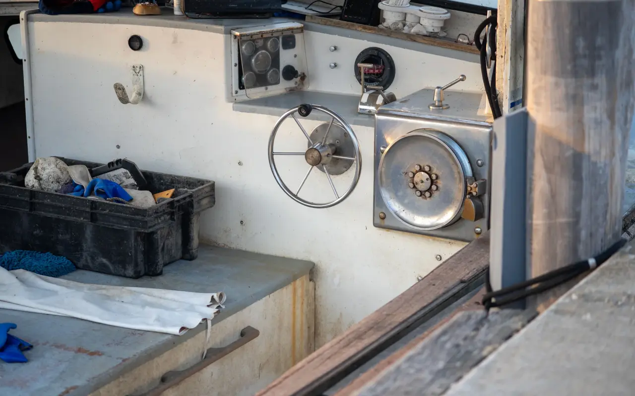 Close-up of fishing gear and rod holders on a Martha's Vineyard boat
