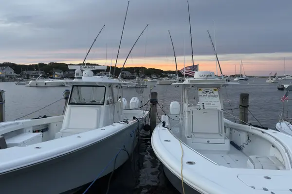 Two center-consoles in Oak Bluffs harbor at sunset, rods up