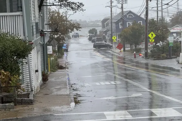Main Street down to a flooded Five Corners, seen from beside the Mansion House