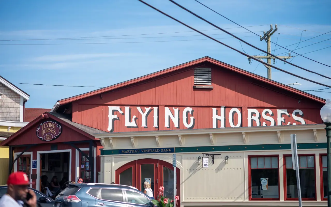 Red Flying Horses carousel building exterior in Oak Bluffs