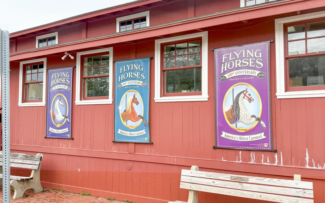 The Flying Horses Carousel building on Lake Avenue in Oak Bluffs with its anniversary banners