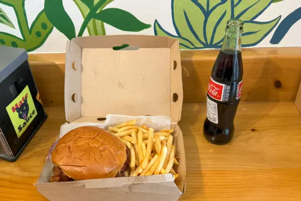 Burger, fries and a glass-bottle Coke at Tigerhawk Sandwich Co.