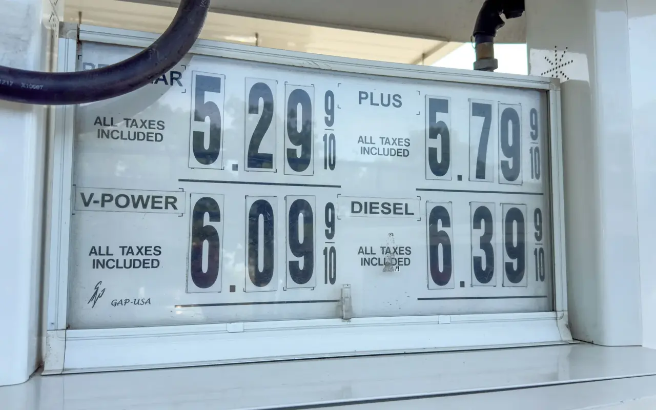 Gas station price board on Marthas Vineyard showing regular at 5.29 dollars in 2026