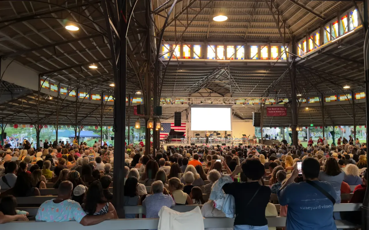 Crowd filling the Tabernacle benches before Grand Illumination Night on Martha's Vineyard