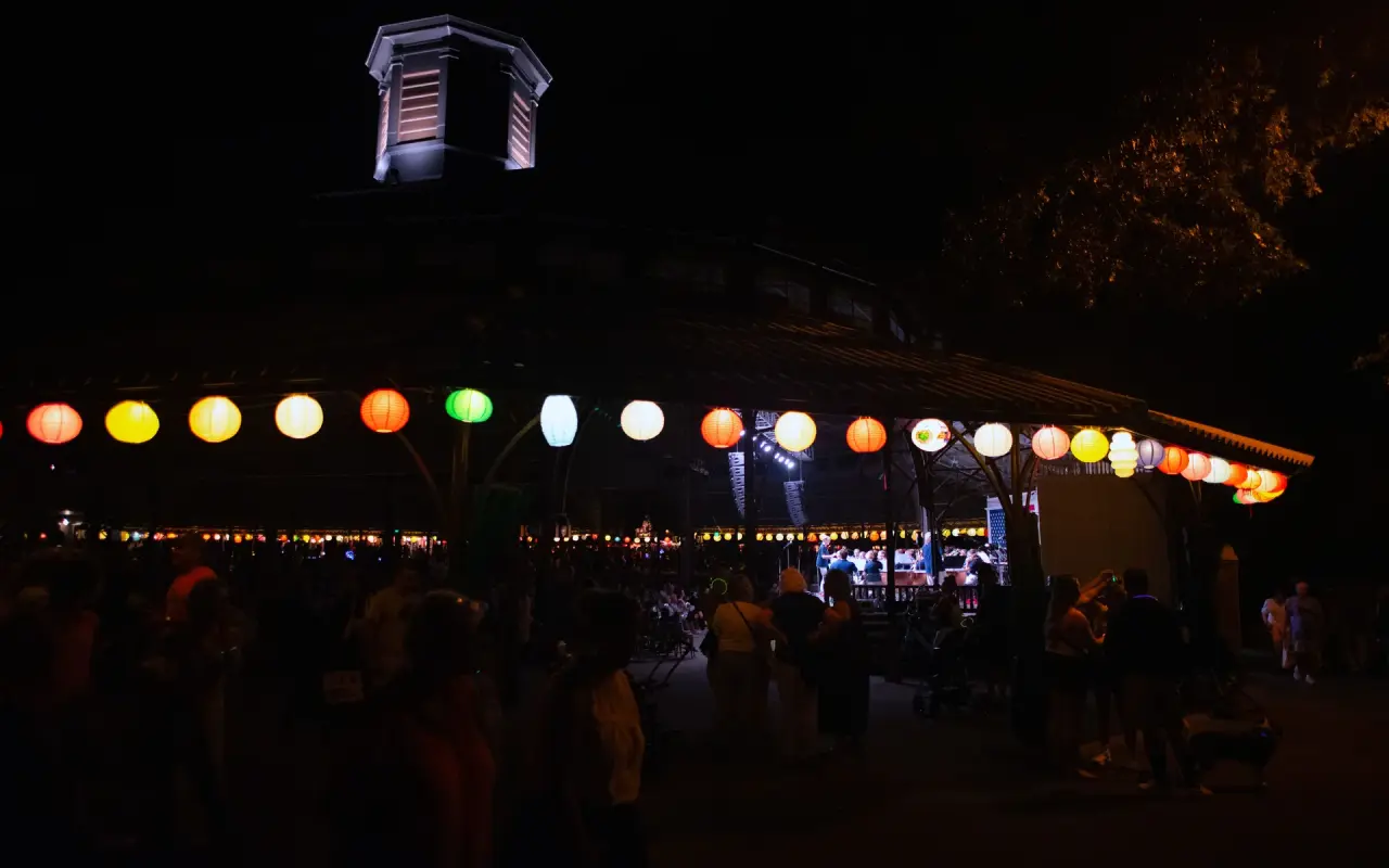 Paper lanterns lit around the Tabernacle in Oak Bluffs on Grand Illumination Night 2026