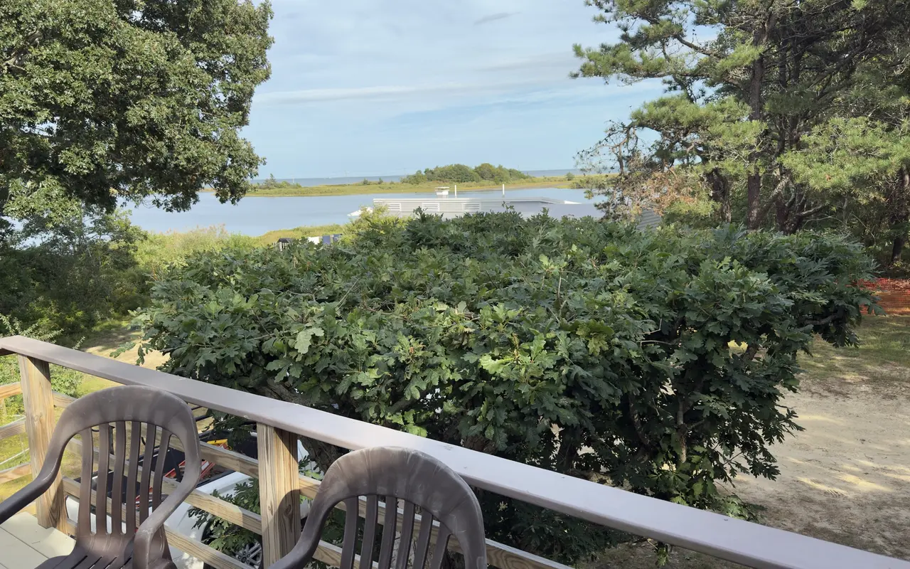 Two plastic chairs on a wooden deck in Harthaven, Oak Bluffs, looking over scrub oaks to the water, a barrier beach and Nantucket Sound