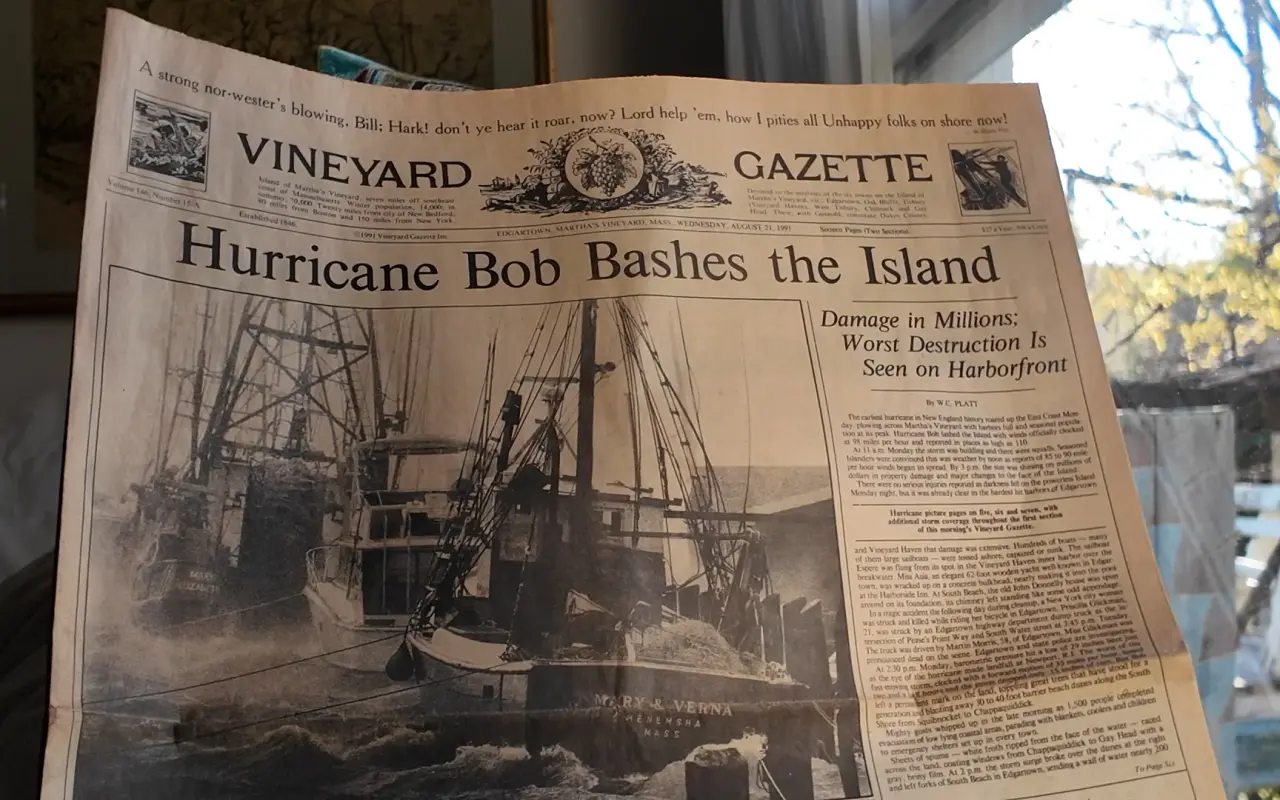 Front page of the Vineyard Gazette from August 21, 1991 with the headline Hurricane Bob Bashes the Island