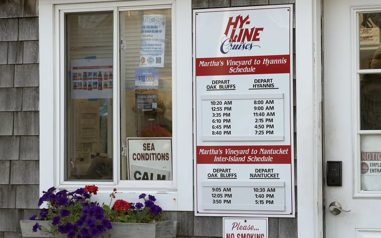 Hy-Line Cruises ticket office in Oak Bluffs with the summer schedule board