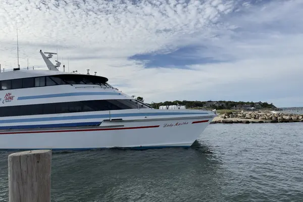 The Hy-Line fast ferry Lady Martha coming in past the jetty at Oak Bluffs