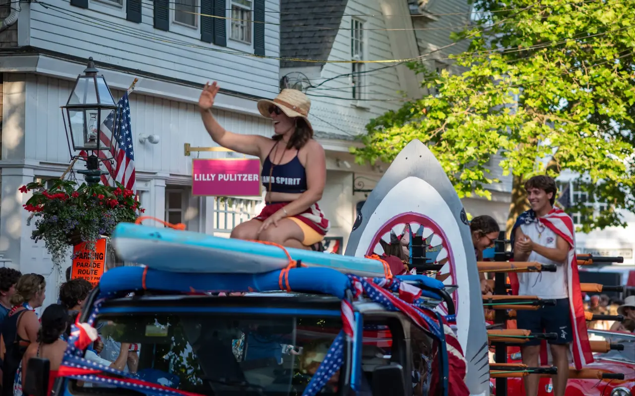 A shark-themed paddle-sports float in the Edgartown Fourth of July parade