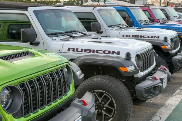 Rental Jeeps lined up a block from the Oak Bluffs harbor