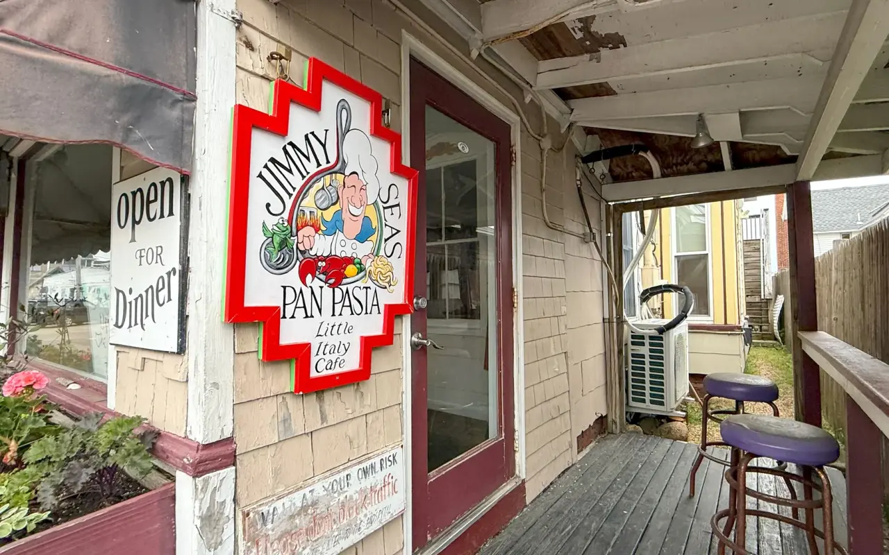 Jimmy Seas Pan Pasta sign at the entrance on Kennebec Avenue in Oak Bluffs