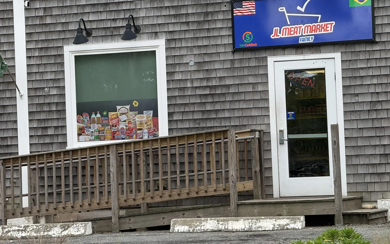 Entrance of JL Meat Market in Vineyard Haven with a Brazilian flag