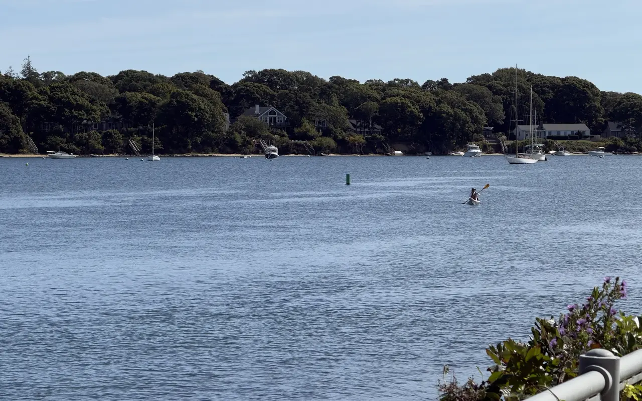 A single kayaker paddling across blue Lagoon Pond toward a wooded shore with moored sailboats