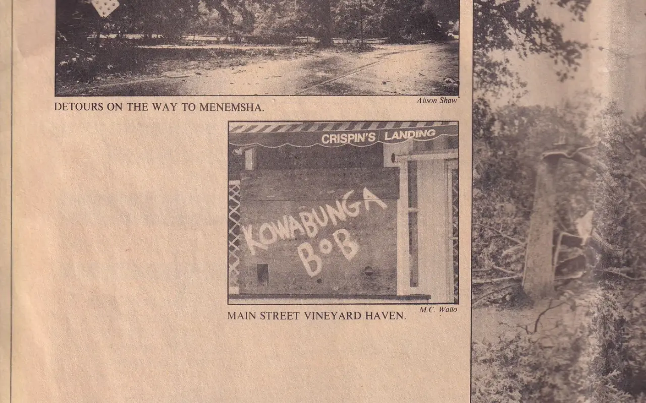 Newspaper photo of Kowabunga Bob graffiti on a boarded storefront in Vineyard Haven in 1991