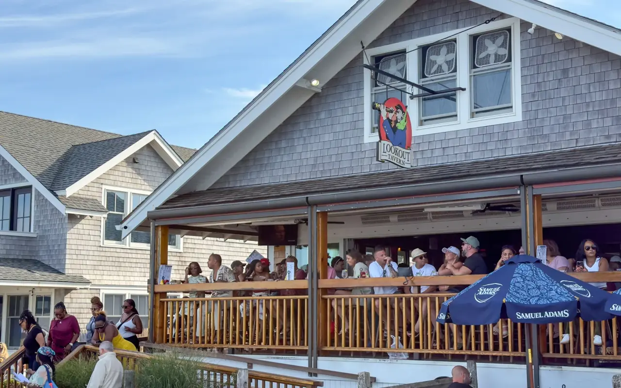 Busy waterfront restaurant in Oak Bluffs on an August evening