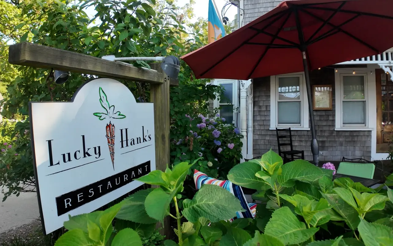 Lucky Hanks Restaurant sign with hydrangeas in Edgartown