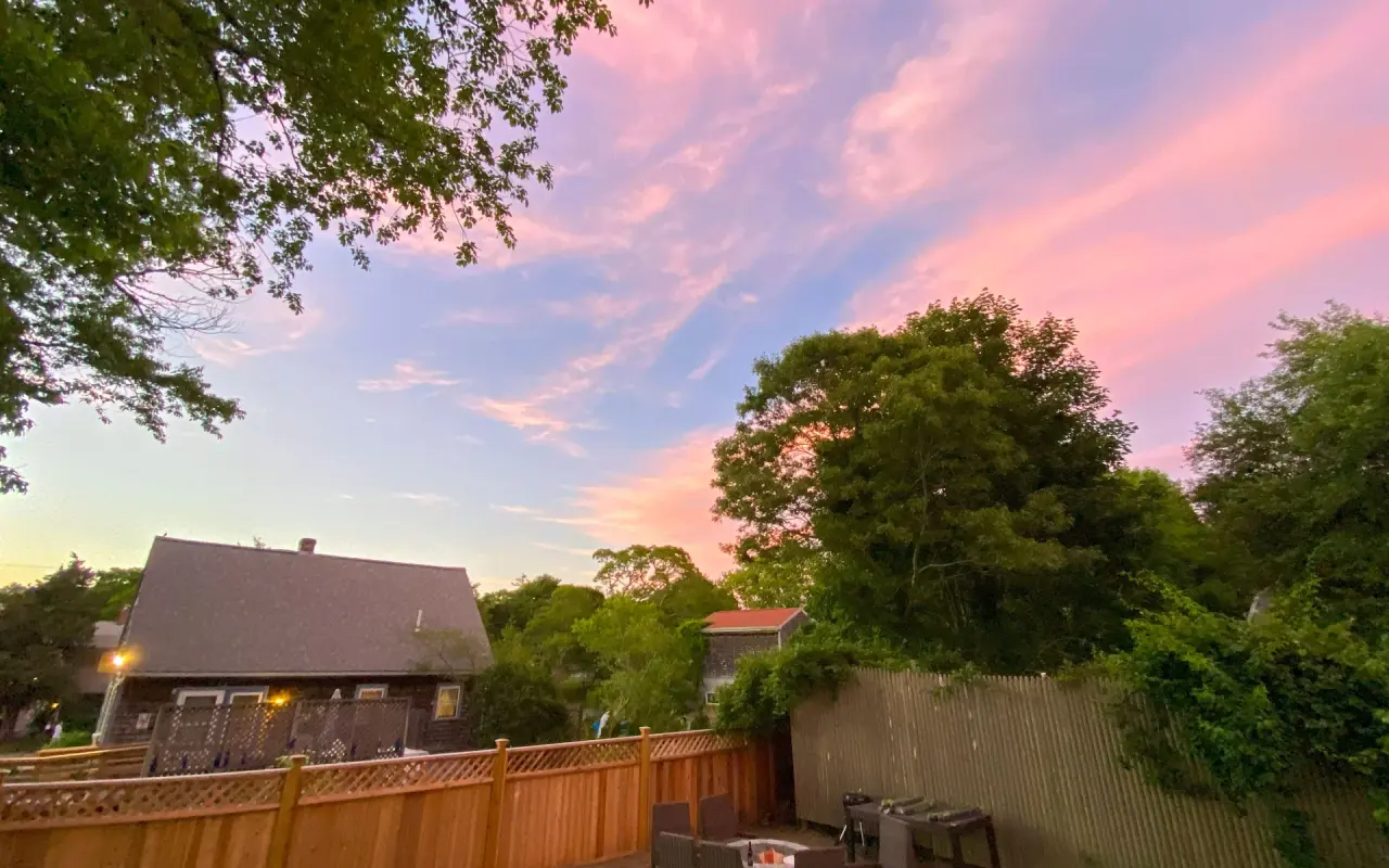 A backyard on Martha's Vineyard at dusk with a wooden fence, trees and a pink and blue sky